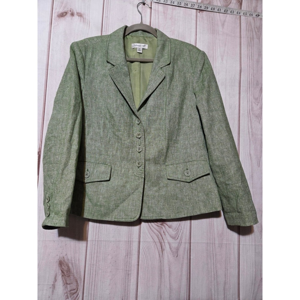 Coldwater Creek Green Linen Blend Blazer Petite Large‎ PL Button Front Jacket